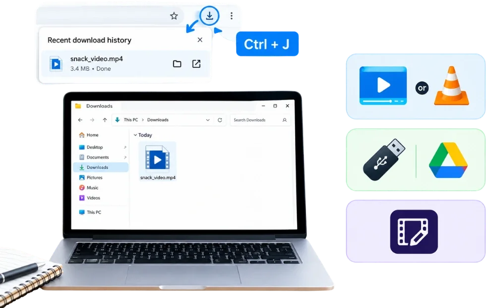 Langkah 4: file video Snack Video tersimpan di folder Downloads Windows (Ctrl+J)