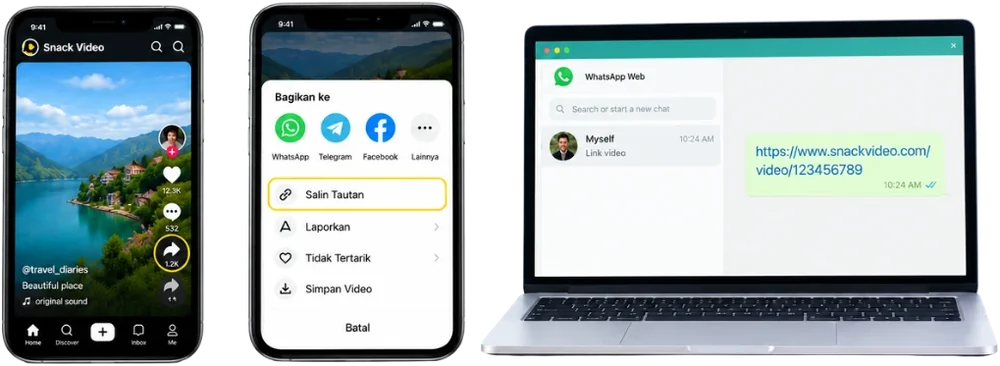Langkah 1: salin link video Snack Video di HP lalu kirim ke laptop lewat WhatsApp Web